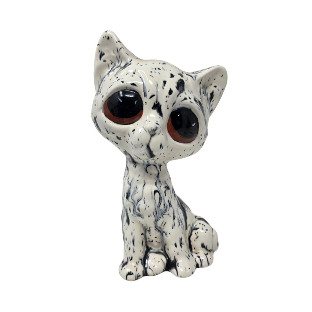 Vintage Big Eye Cat Figurine Black White Ceramic 7in Hairline Crack
